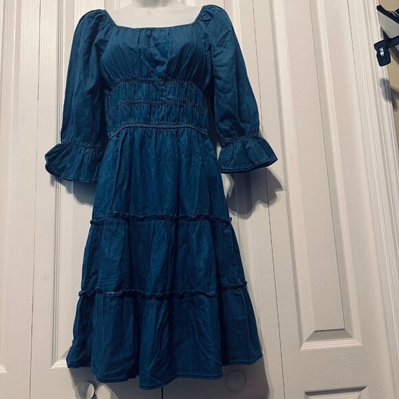 Speed Limit MPH-NWT-Denim/Jean Stretchy Rouching Waist Poet Sleeve-Ruffles-Small - Picture 4 of 16